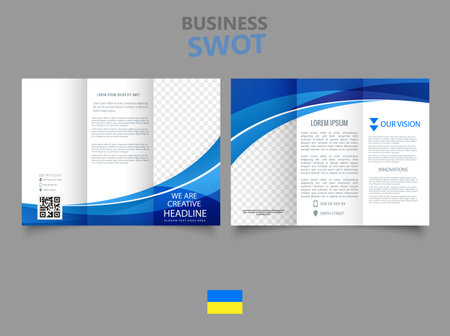 Tri fold brochure with blue waves. Collection of folded brochures. For design and printing.のイラスト素材