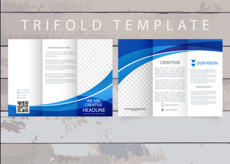 Tri fold brochure with blue waves. Collection of folded brochures. Blue trifold business brochure template. Creative Corporate and Business Trifold Brochure Template Design, Vector template. business flyerのイラスト素材
