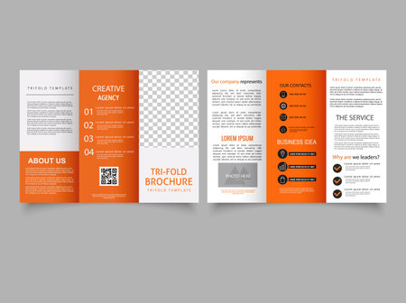 A simple orange trifold brochure with line icons in the design.のイラスト素材