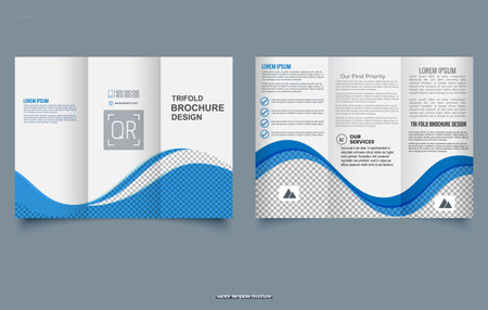 Trifold brochure with blue waves. Vector illustration. Trifold Print Ready Brochure Template.のイラスト素材
