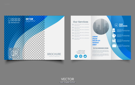 Trifold brochure with blue waves. Portfolio tri-foldのイラスト素材