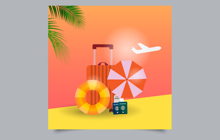 Tropical Sunset Summer Travel Poster. Vacation Design with Suitcase and Beach Accessories. Editable image.のイラスト素材