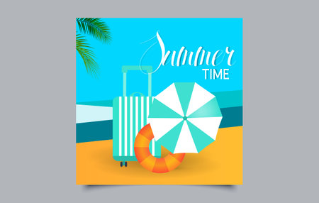 Tropical Summer Holiday Banner with Luggage, Umbrella and Lifebuoy on the Beach. Vacation Sale Banner Design Template.のイラスト素材