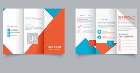 Creative Corporate Trifold Brochure Template with Blue and Orange Abstract Design. For IT company. Marketing Layout. Editable image.のイラスト素材