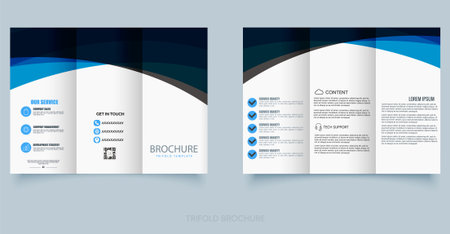 Modern trifold brochure template in blue and white colors, designed for corporate or business...