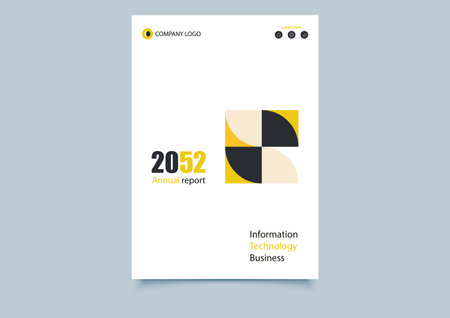 Modern Corporate Annual Report Cover Template Design. Minimalist and modern annual report cover design for corporate use, featuring geometric shapes, yellow and black color accents.のイラスト素材