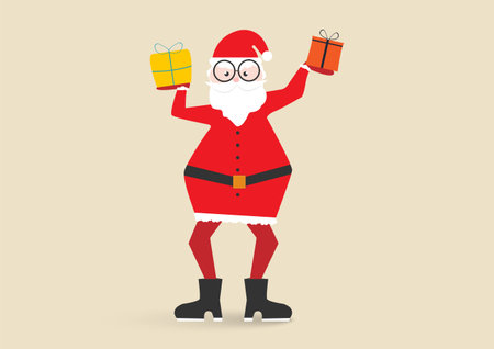 Cheerful cartoon Santa Claus character in a red suit holding two wrapped presents, perfect for Christmas and holiday-themed designs. Vector illustration with a playful and modern style on a beige background.のイラスト素材