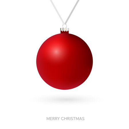 Realistic shiny red Christmas bauble hanging on a ribbon, isolated on a clean white background. Elegant festive decoration symbolizing holiday spirit and winter celebration.のイラスト素材