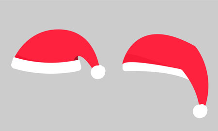 Set of Santa Claus hats. Collection of two red Santa Claus hats with white trim and pompom in flat vector styleのイラスト素材