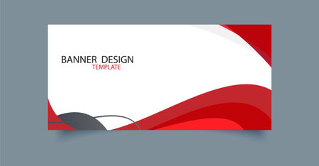 Vector banner template with dynamic red wave shapes on a white background. Ideal for web headers, business cards, advertisements, and promotional designs. Minimalist layout with bold color contrast. Fully scalable and easy to customize.のイラスト素材