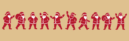 Santa Claus Vector Silhouettes Set, perfect for Christmas design, greeting cards, posters, invitations, seasonal decorations, and holiday projects.のイラスト素材