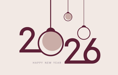 Elegant minimalist vector illustration for 2026 New Year celebration. Modern design with large typography and hanging Christmas ornaments in soft pastel and burgundy colors.のイラスト素材