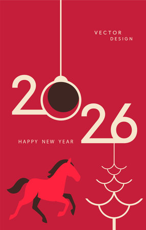 Chinese New Year. Stylish minimalist vector illustration for New Year 2026 with running horse, Christmas tree, and hanging ornament on a red background.のイラスト素材