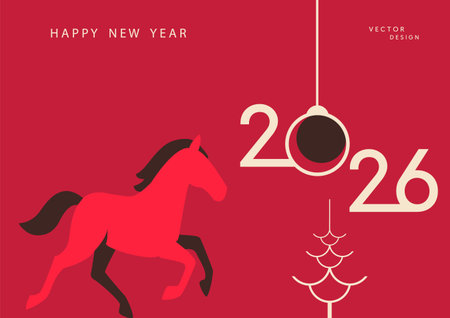 Modern minimalist vector illustration featuring a red horse, geometric numbers 2026, and a hanging ornament on a red background. Stylish New Year composition symbolizing energy, motion, and celebration.のイラスト素材
