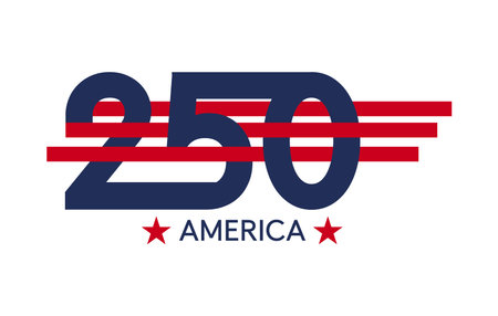 Modern vector  design celebrating the 250th anniversary of the United States. Bold blue numbers 250 intersected by red stripes and two stars, symbolizing patriotism, unity, and American prideのイラスト素材