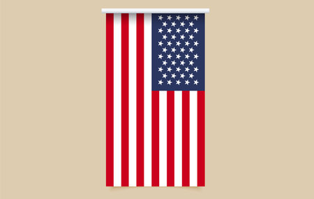 Vector illustration of a vertical hanging United States flag with red and white stripes and blue field of stars. Clean and realistic design ideal for patriotic themes, national holidays, Independence Day.のイラスト素材