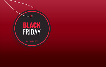 Vector illustration of a Black Friday sale tag with bold red and white text on a dark circular label, hanging on a red gradient backgroundのイラスト素材