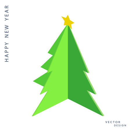 Bright minimalist vector illustration of a green Christmas tree with a yellow star on top and Happy New Year text. Simple geometric holiday designのイラスト素材