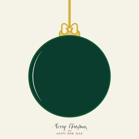 Elegant vector illustration of a dark green Christmas ornament hanging from a golden ribbon with a bow on a light background. Minimalist festive design with Merry Christmas and Happy New Year text.のイラスト素材