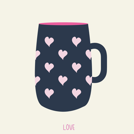 A cute flat vector image of a mug decorated with pink hearts on a dark blue background. Minimalistic, romantic design.のイラスト素材
