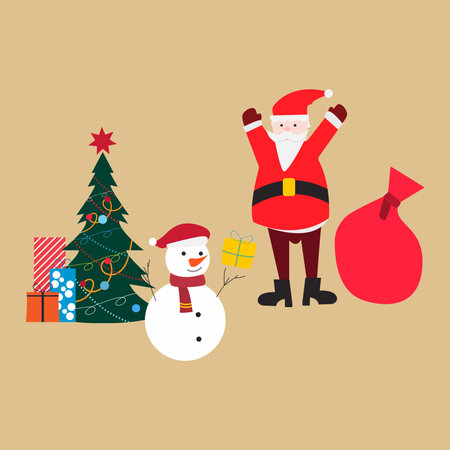 Christmas Characters with Santa, Snowman and Tree. Perfect for festive cards, ads, web banners, greeting designs, and seasonal print projects.のイラスト素材