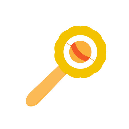 A flat design illustration of a classic baby rattle toy, also known as a pellet drum in yellow and...