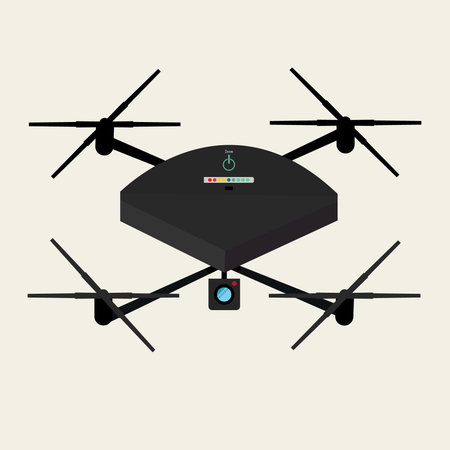 Stylish isometric illustration of a modern quadcopter drone with built-in camera. Clean minimal...