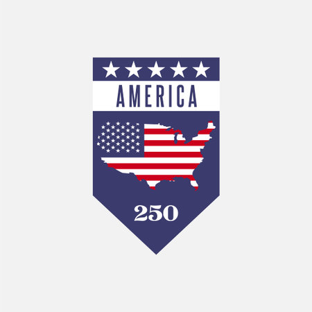 Clean flat vector emblem dedicated to the 250th anniversary of America. Patriotic shield design with stars, red stripes, and bold typography in classic USA colors. Ideal for Independence Day, national celebrationsのイラスト素材