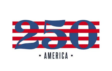 United States of America 250 Anniversary celebrate on 4th of July. USA Independence Day sticker Design. American Flag. Modern typography banner, label, tag vector illustration on white background.のイラスト素材