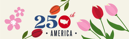 America 250 Anniversary Celebration Banner with Flowers and Fireworksのイラスト素材