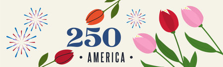 America 250 Anniversary Celebration Banner with Flowers and Fireworksのイラスト素材