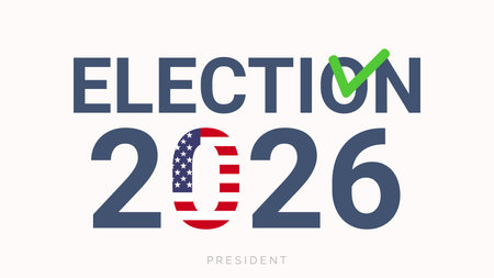 Election 2026 Typography with USA Flag Zero and Check Mark Vector Design. Clean minimal layout with...