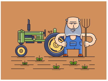 Farmer standing next tractor.のイラスト素材