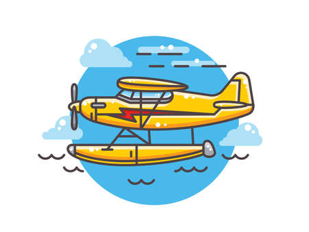 Illustration of a yellow screw aircraft. Flies in the skyのイラスト素材