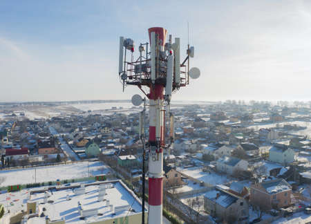 Communication transmitter tower with antenna such a Mobile phone tower, Cellphone Tower, Phone Pole etc on the clear blue sky background with copy space for text, today wide area technology concept.の写真素材