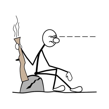 a man sitting on a rock. holds a rifle in his hand.のイラスト素材