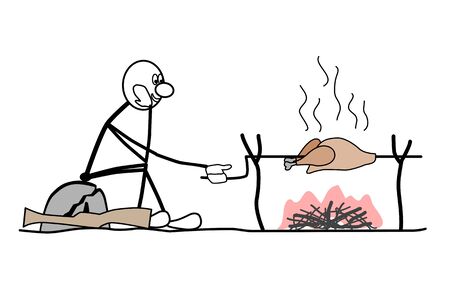 a man sitting on a rock. the bird is roasted over a fire. rifle, near the stoneのイラスト素材