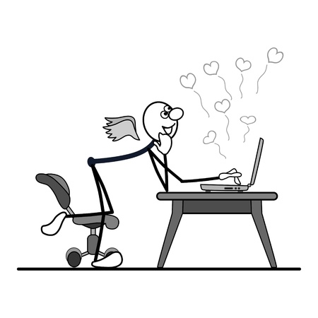 man communicates through a computer. laptop on a table. knee on a chair.のイラスト素材
