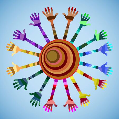   many hands of different colors  hands raised up  in the center of the circleのイラスト素材