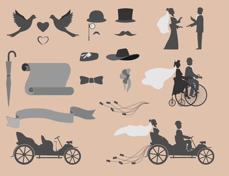 set of wedding invitations on the retro bikes and vintage cars, different objects for designers.のイラスト素材