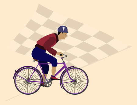 The young man quickly rides a bicycle on a background of flagsのイラスト素材