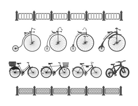 a set of bicycles from antiquity to the modern on a white background and the edge of the fencesのイラスト素材