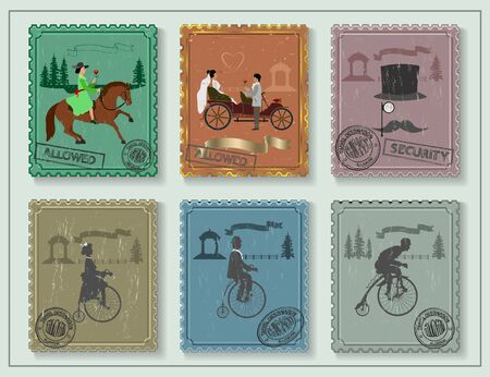vintage stamp depicting bicycles, horse and young people on a green background. away arbor, a fence and a treeのイラスト素材