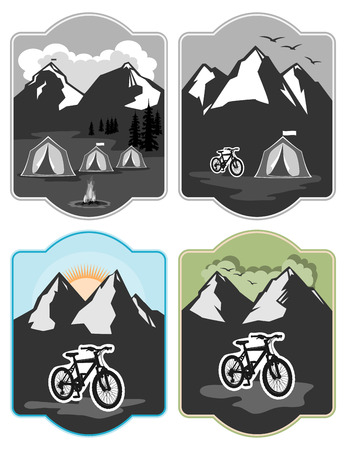 Tents for tourism on the background of mountains and forests and a number of lit bonfire, is a bikeのイラスト素材