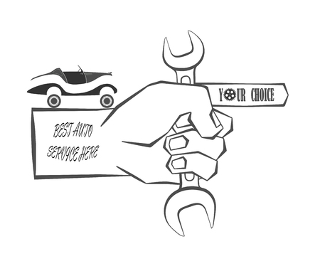 hand holds the instrument and shows to the service of repair of vehicles on a white background, advertising and store. vector illustrationのイラスト素材