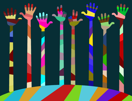 many different colored hands. palms raised up and bent fingers. vector illustration, editable to any sizeのイラスト素材
