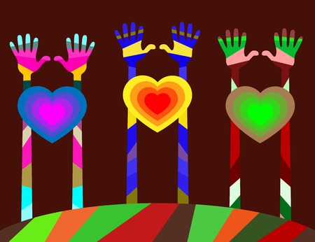 many different colored hands. palms raised upward and lift hearts. vector illustration, editable to any sizeのイラスト素材