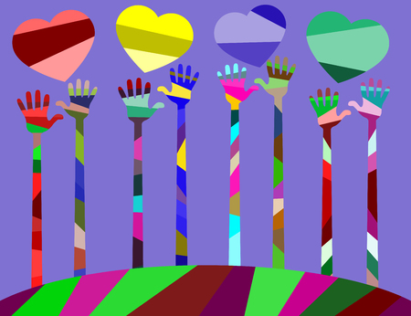 many different colored hands. palms raised upward and lift hearts. vector illustration, editable to any size