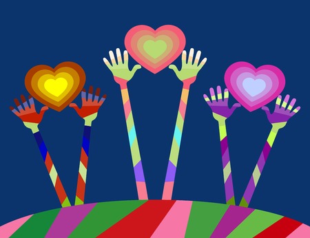 many different colored hands. palms raised upward and lift hearts. vector illustration, editable to any sizeのイラスト素材