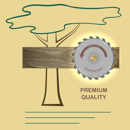 board from oak and circular saw on wood background silhouette. store, workshop, on the banners and advertisements. Vector illustration.のイラスト素材